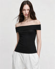 Mulberry silk off-shoulder knitted summer top black on Maria front view