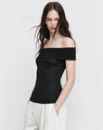 Mulberry silk off-shoulder knitted summer top black on Maria side view