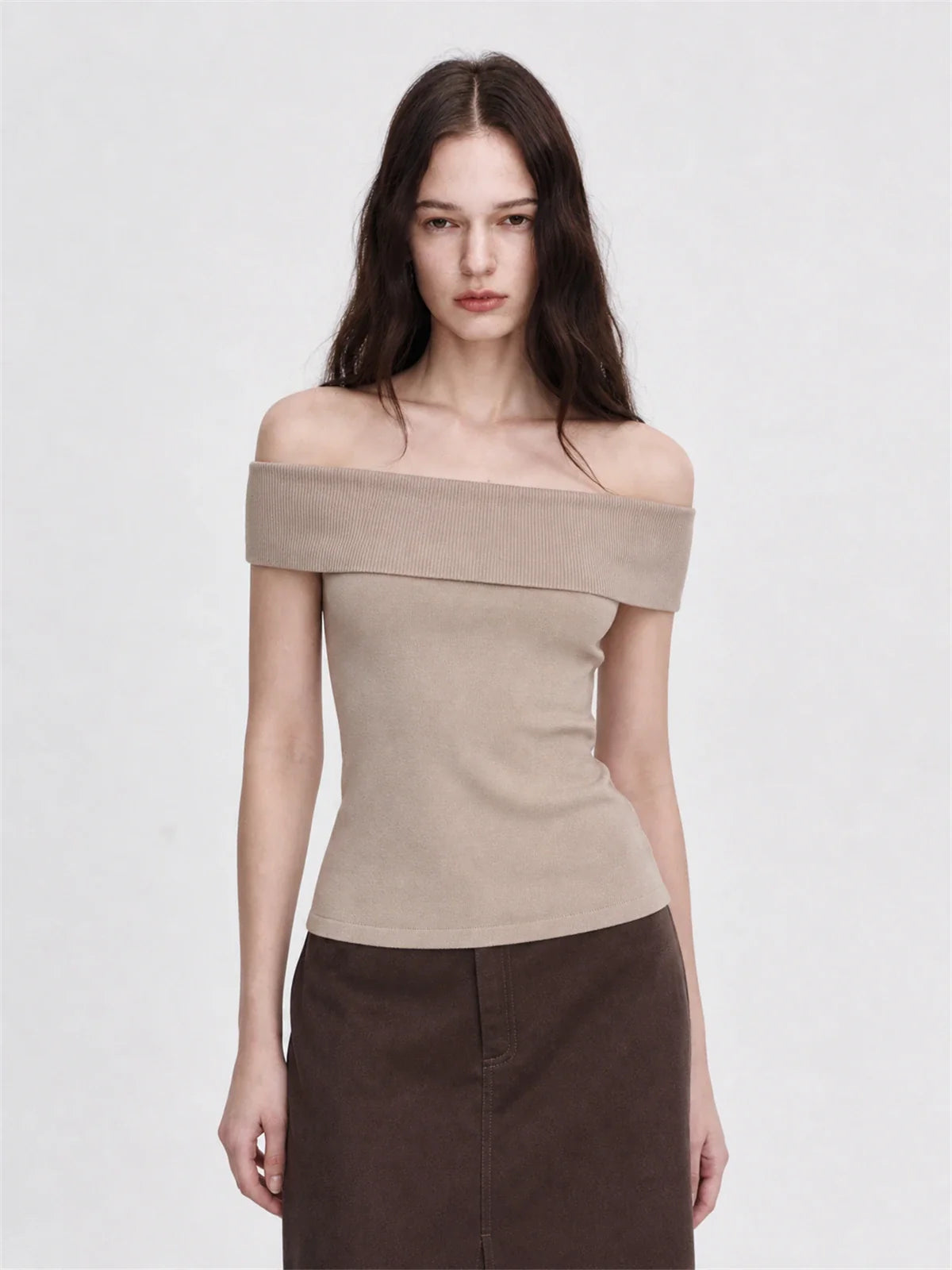 Mulberry silk off-shoulder knitted summer top khaki on Maria front view