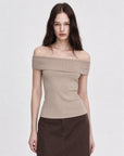Mulberry silk off-shoulder knitted summer top khaki on Maria front view