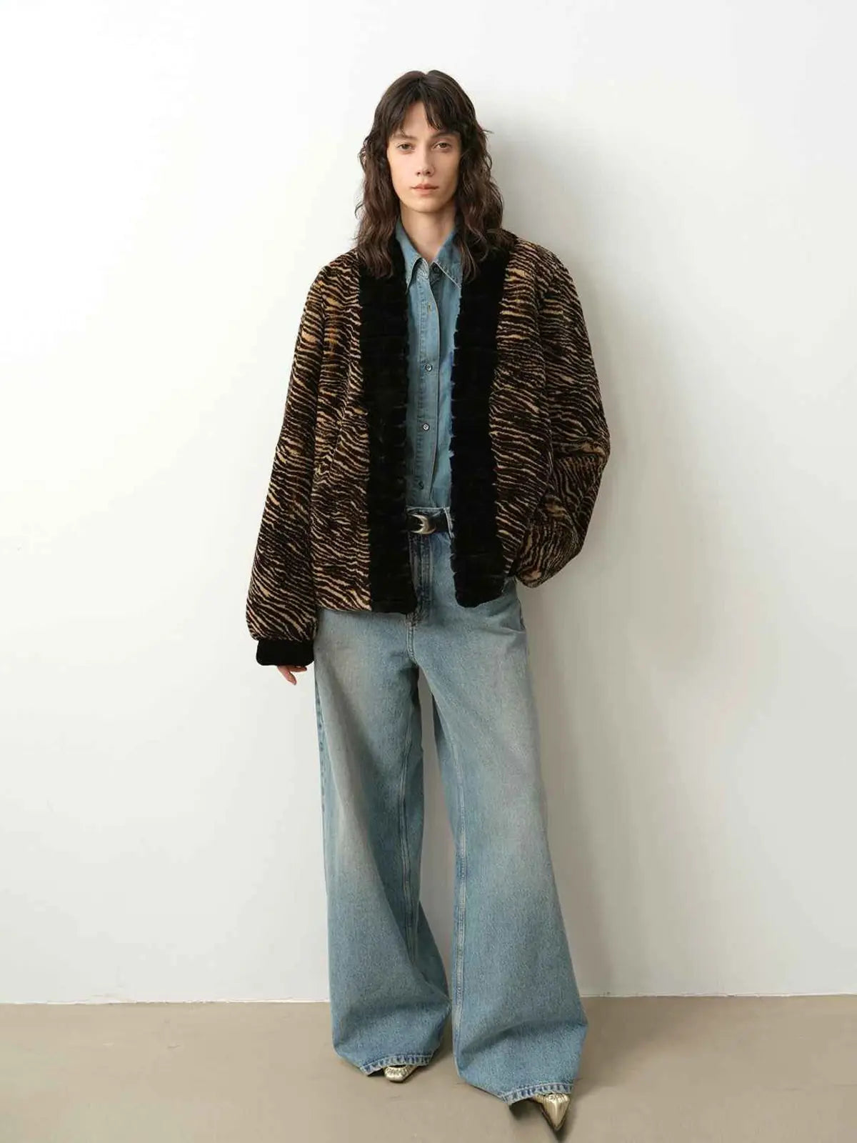 Multiple Stripes brown Rex rabbit fur jacket full-length model view