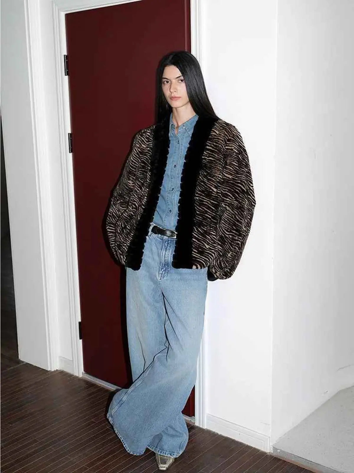Multiple Stripes brown striped rabbit fur jacket lifestyle model view