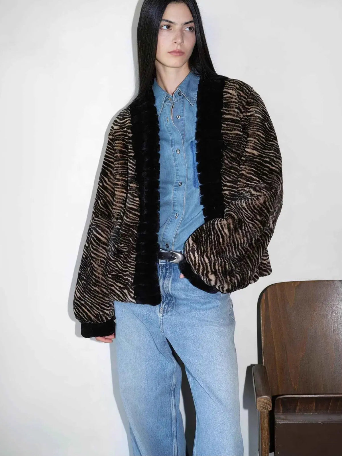 Multiple Stripes brown striped Rex rabbit fur jacket close-up model view