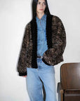 Multiple Stripes brown striped Rex rabbit fur jacket close-up model view