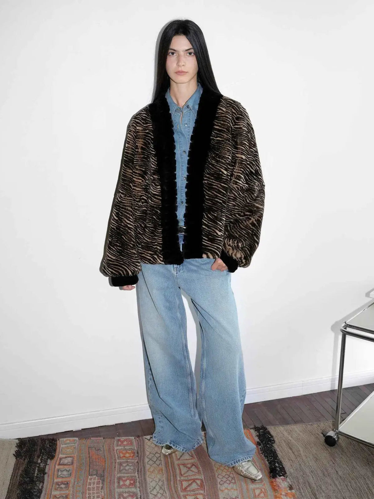 Multiple Stripes brown striped rabbit fur jacket standing model view