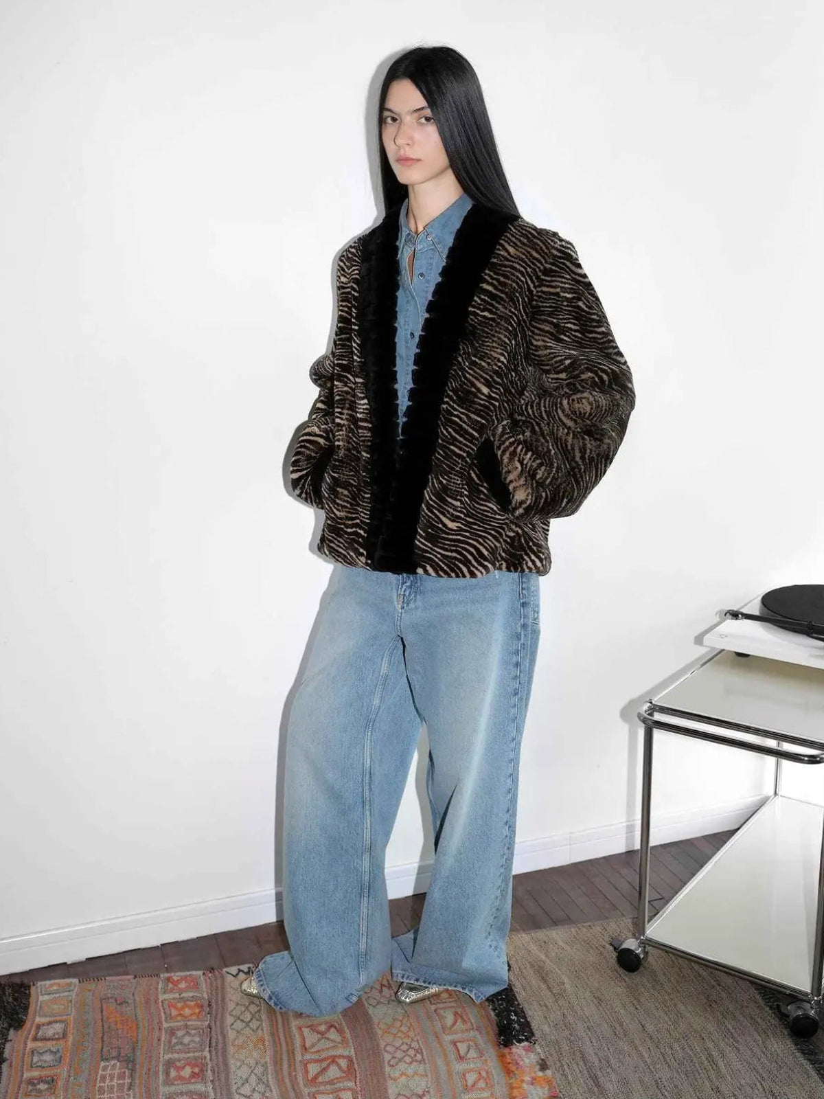 Multiple Stripes brown striped rabbit fur jacket side model view