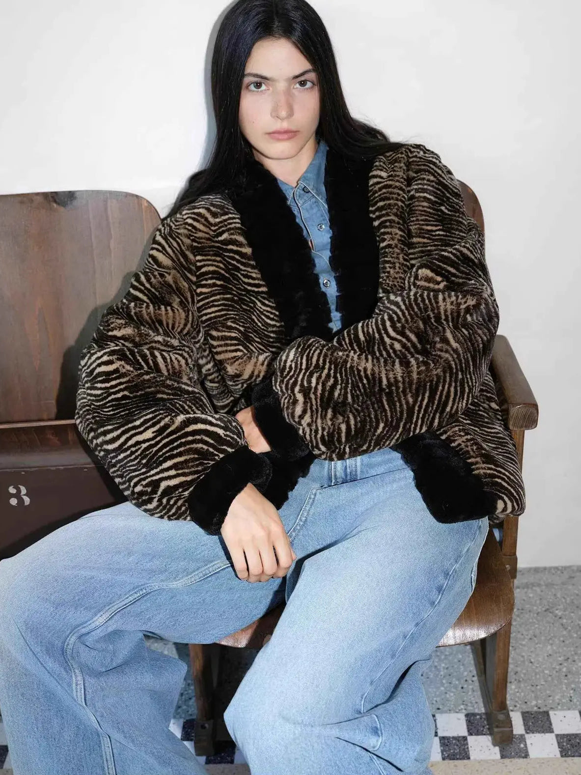 Multiple Stripes brown Rex rabbit fur jacket seated model view