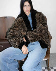 Multiple Stripes brown Rex rabbit fur jacket seated model view