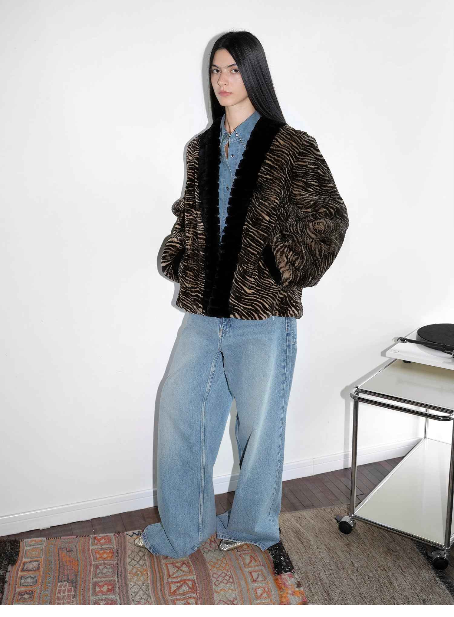 "Multiple Stripes" Retro Personalized Stripe Print Delicate V - Neck Rex Rabbit Fur Jacket - variant_title