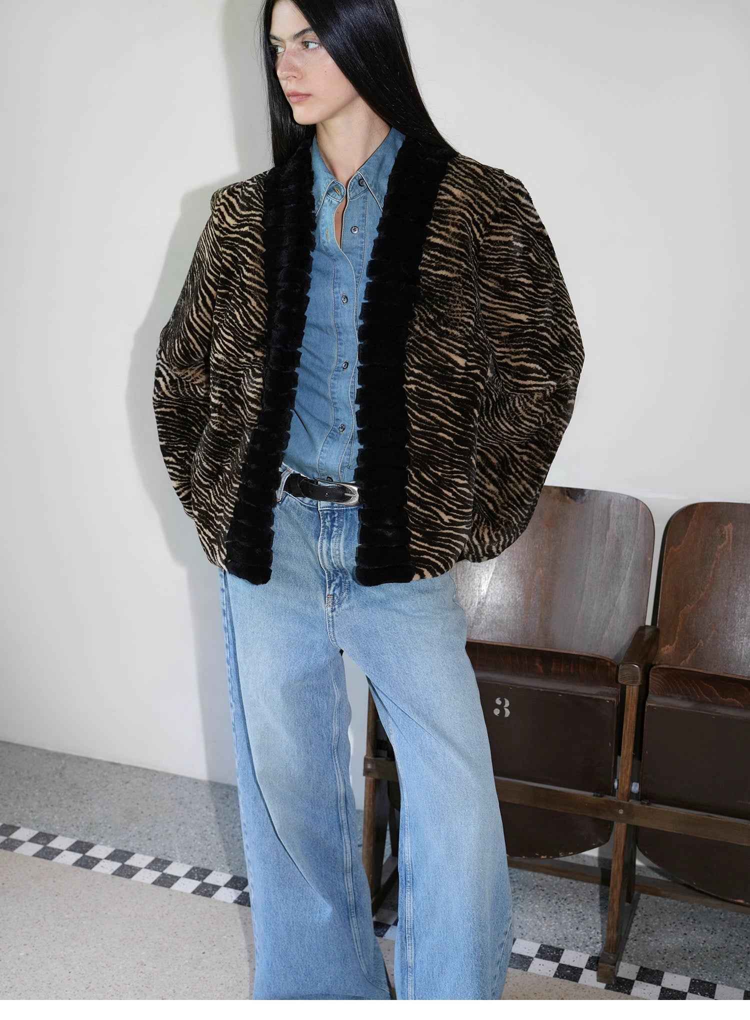 "Multiple Stripes" Retro Personalized Stripe Print Delicate V - Neck Rex Rabbit Fur Jacket - variant_title
