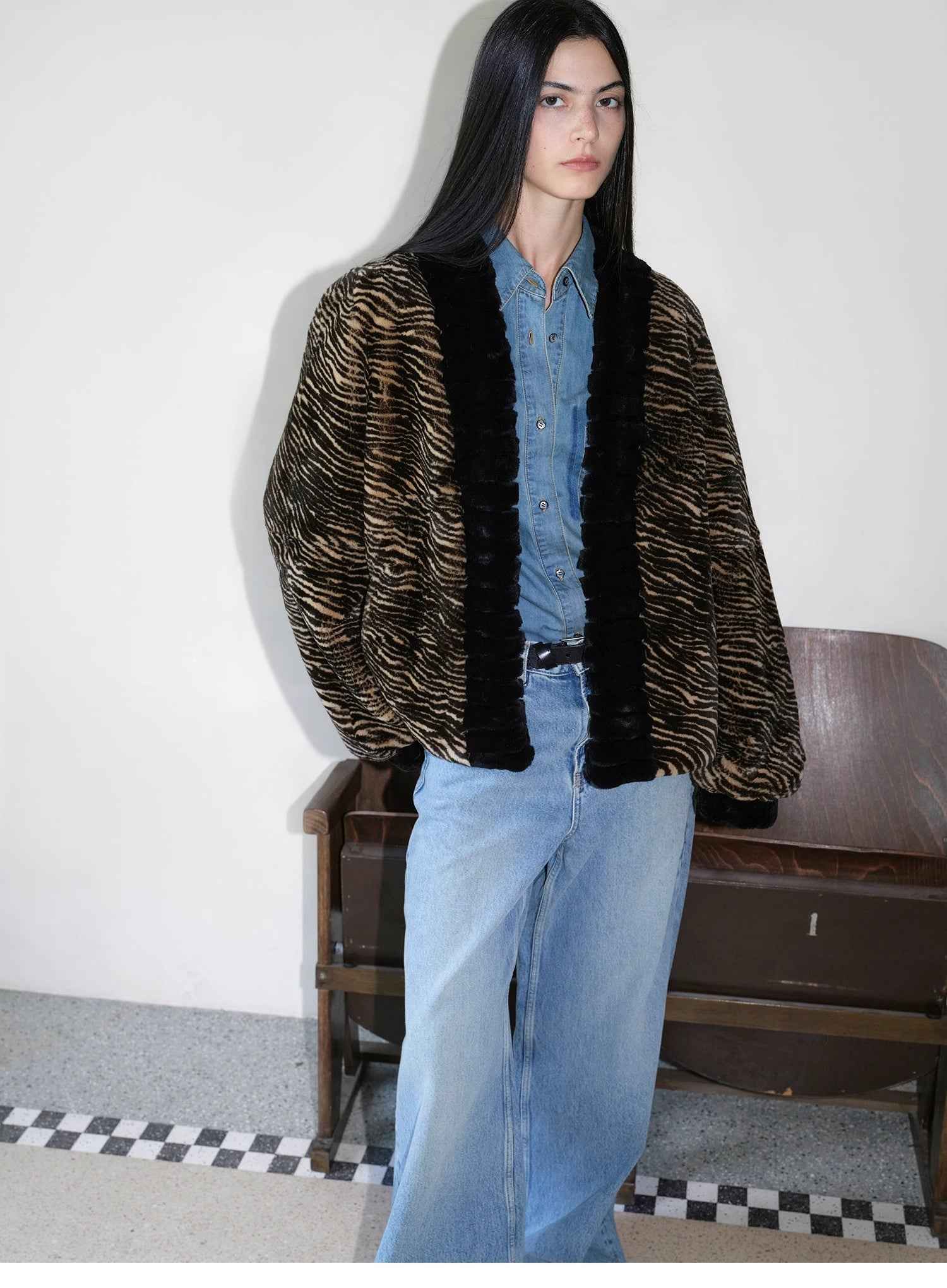 "Multiple Stripes" Retro Personalized Stripe Print Delicate V - Neck Rex Rabbit Fur Jacket - variant_title