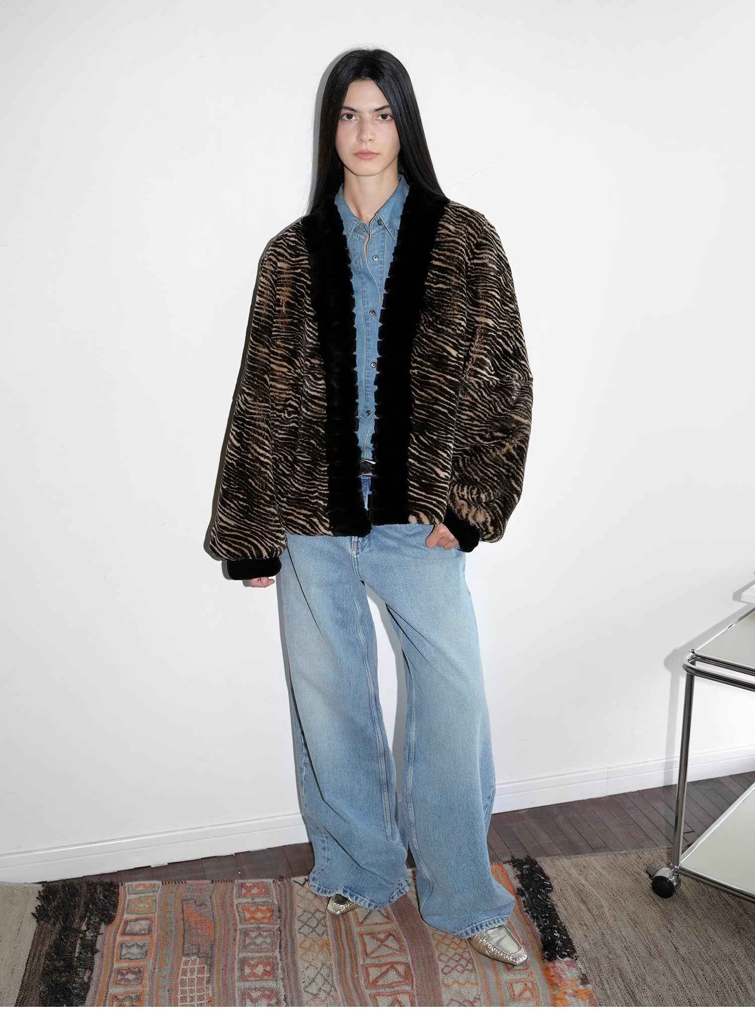 "Multiple Stripes" Retro Personalized Stripe Print Delicate V - Neck Rex Rabbit Fur Jacket - variant_title