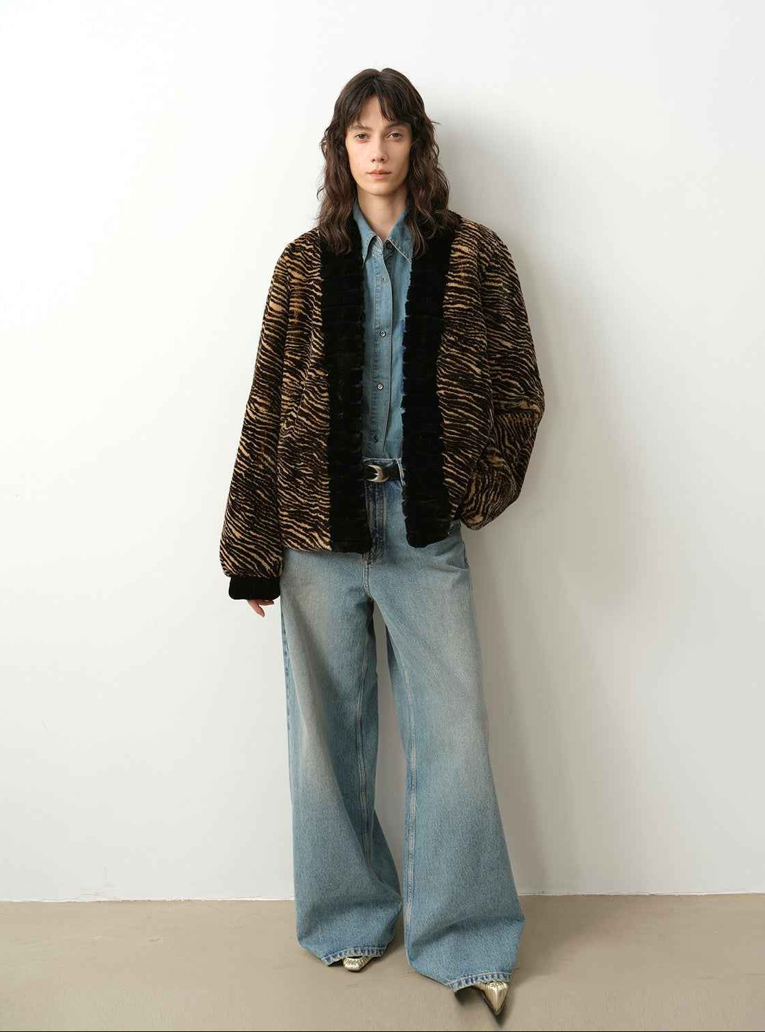 "Multiple Stripes" Retro Personalized Stripe Print Delicate V - Neck Rex Rabbit Fur Jacket - variant_title