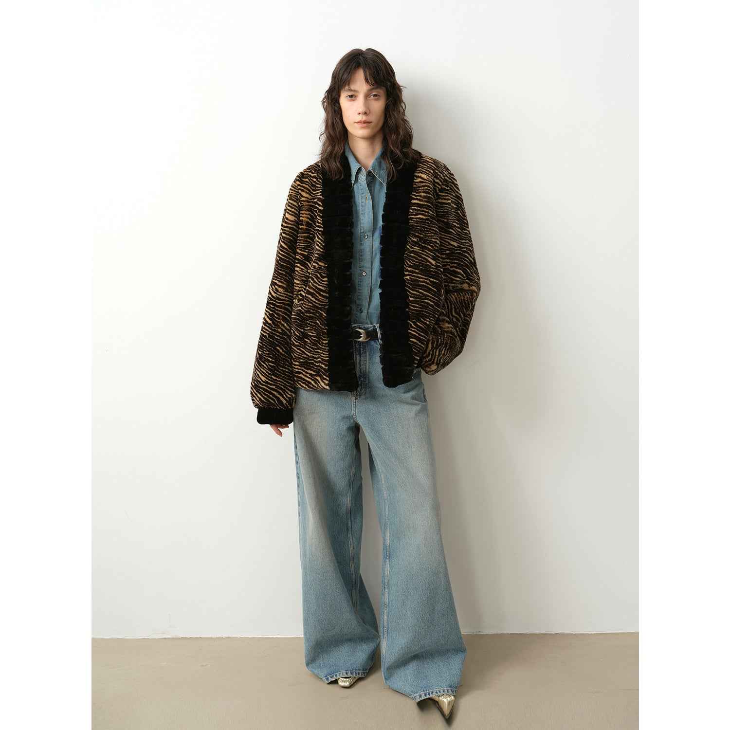 "Multiple Stripes" Retro Personalized Stripe Print Delicate V - Neck Rex Rabbit Fur Jacket - variant_title