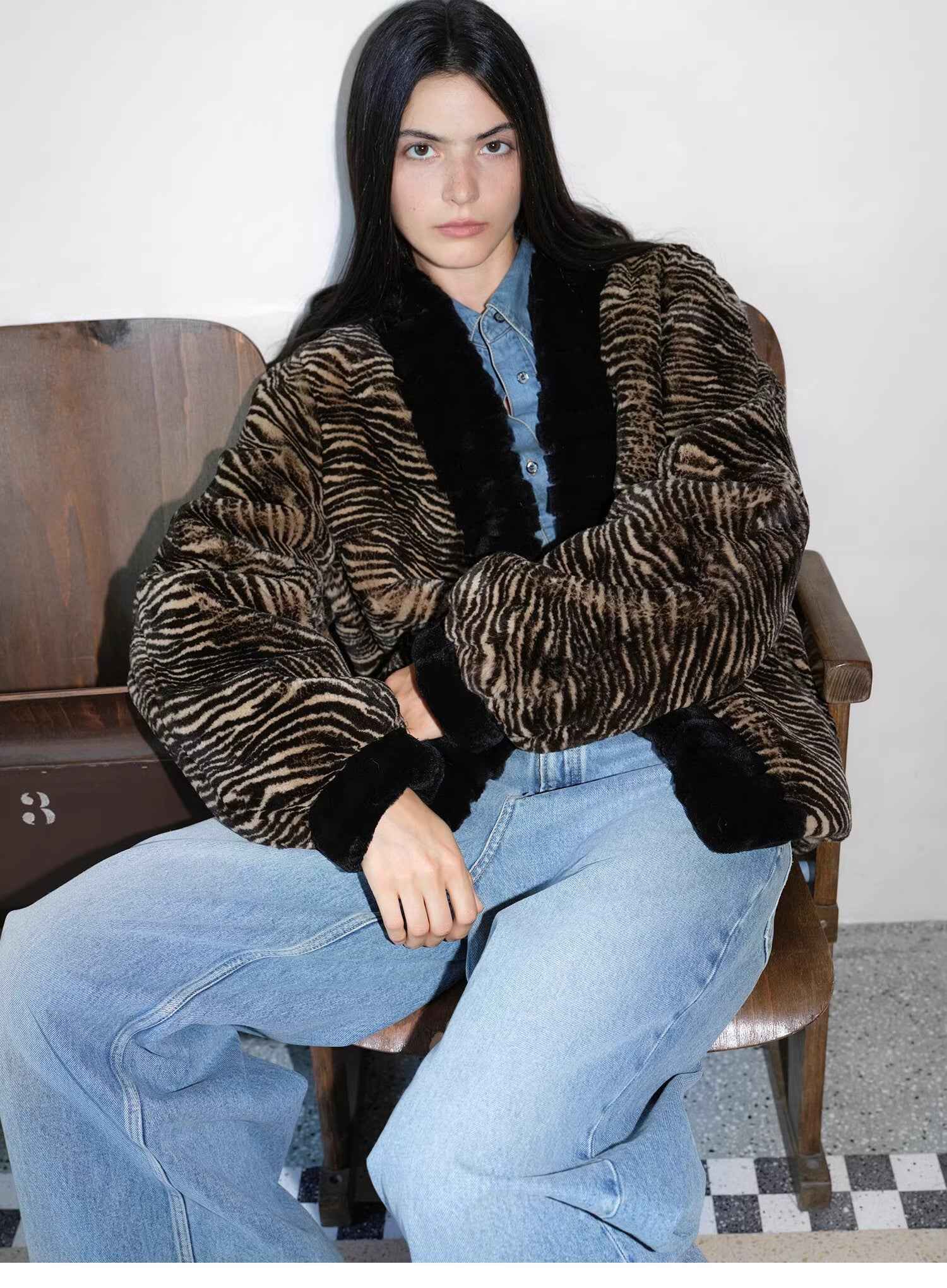 "Multiple Stripes" Retro Personalized Stripe Print Delicate V - Neck Rex Rabbit Fur Jacket - variant_title