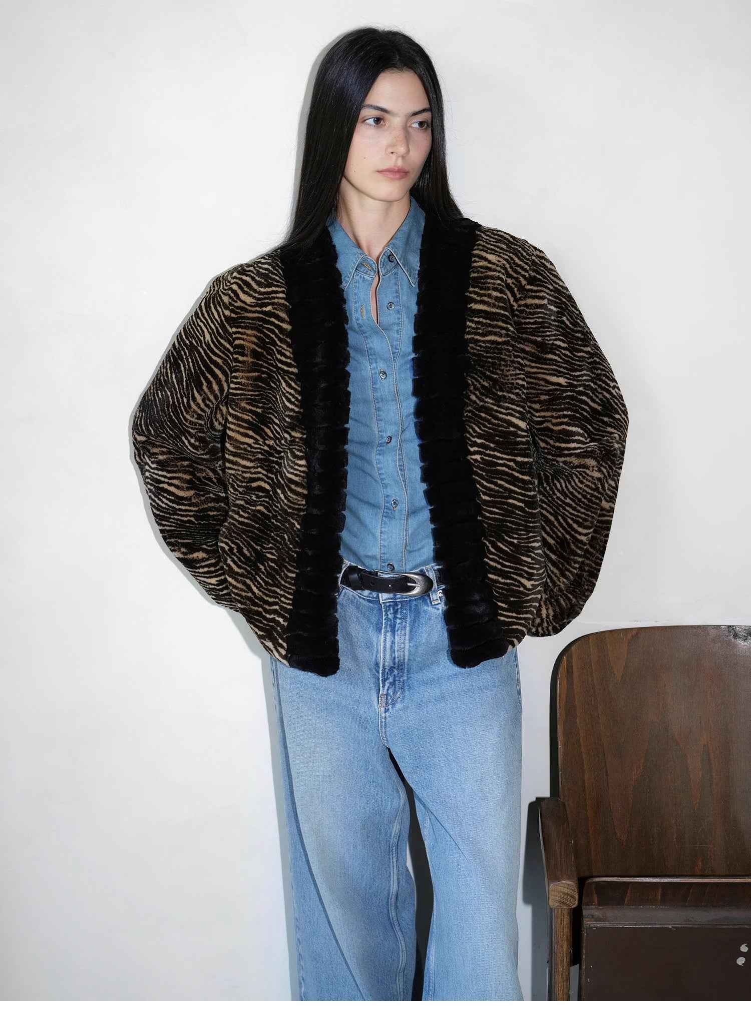 "Multiple Stripes" Retro Personalized Stripe Print Delicate V - Neck Rex Rabbit Fur Jacket - variant_title