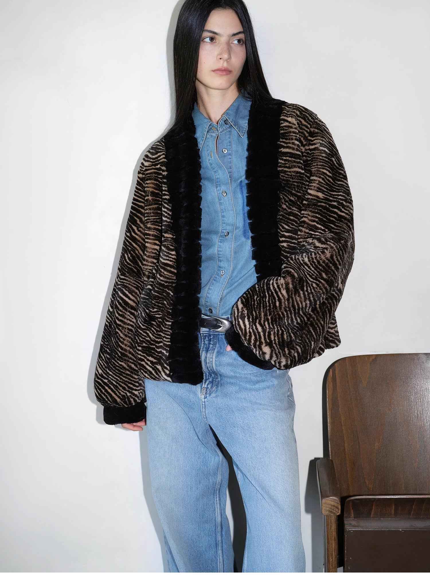 "Multiple Stripes" Retro Personalized Stripe Print Delicate V - Neck Rex Rabbit Fur Jacket - variant_title