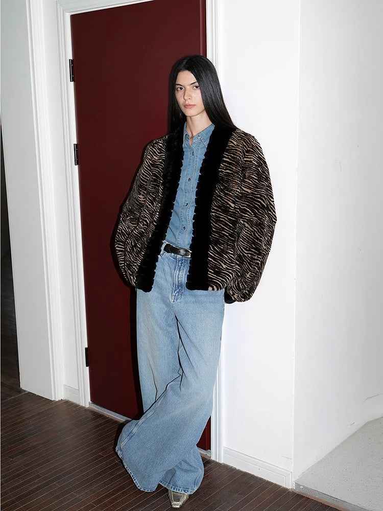"Multiple Stripes" Retro Personalized Stripe Print Delicate V - Neck Rex Rabbit Fur Jacket - variant_title
