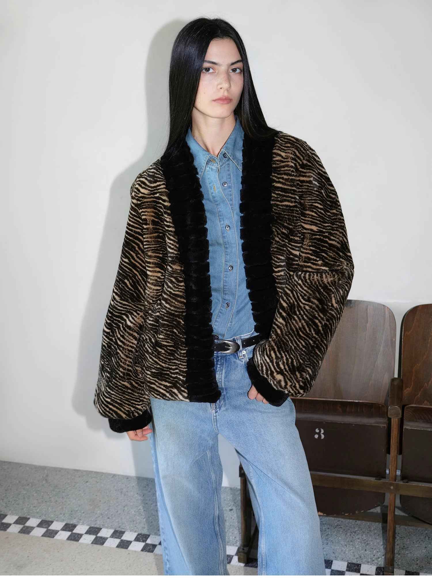 "Multiple Stripes" Retro Personalized Stripe Print Delicate V - Neck Rex Rabbit Fur Jacket - variant_title