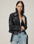 Murasaki River lambskin biker jacket - Black cropped model detail