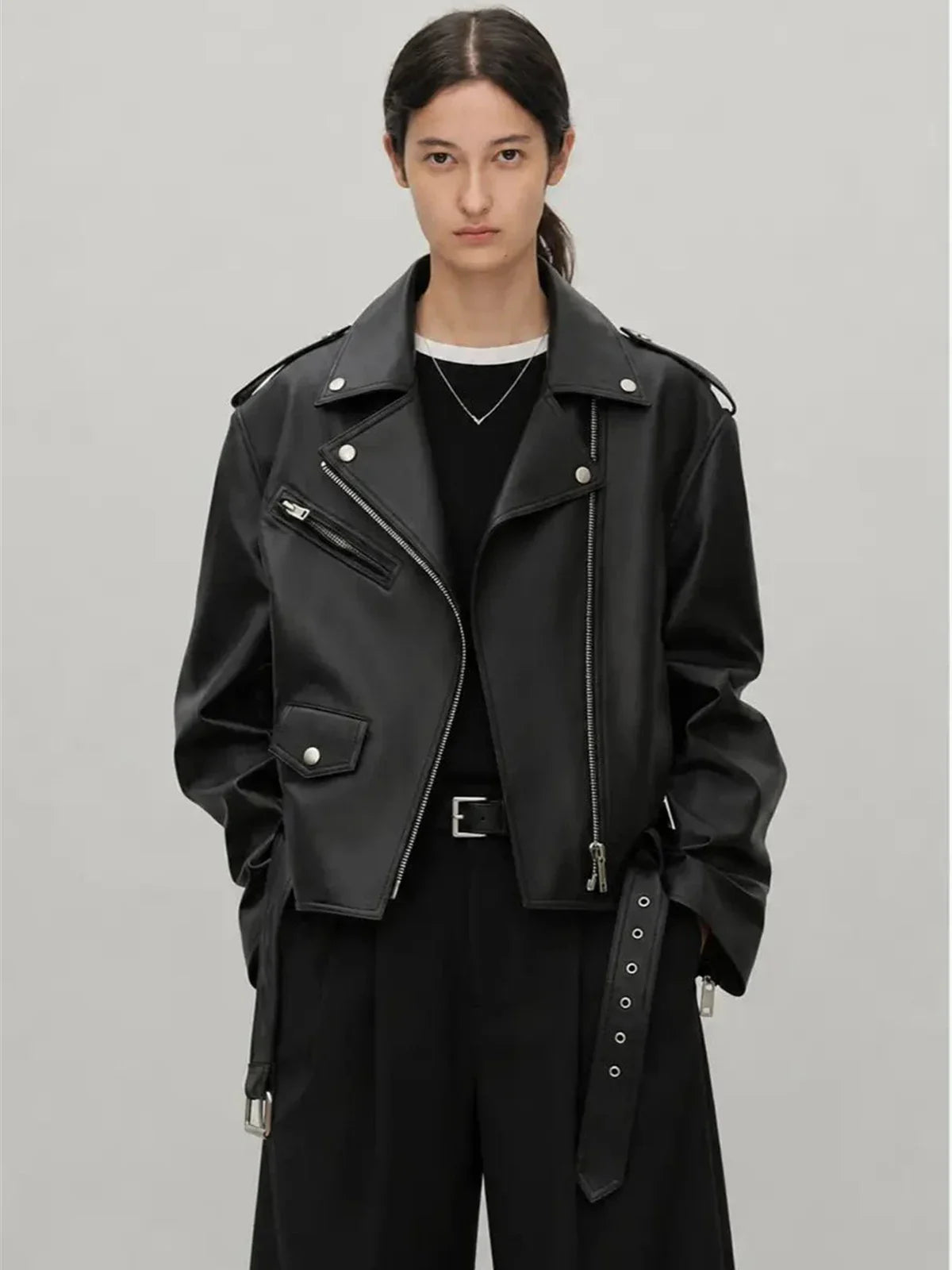 Murasaki River lambskin biker jacket - Black front model view