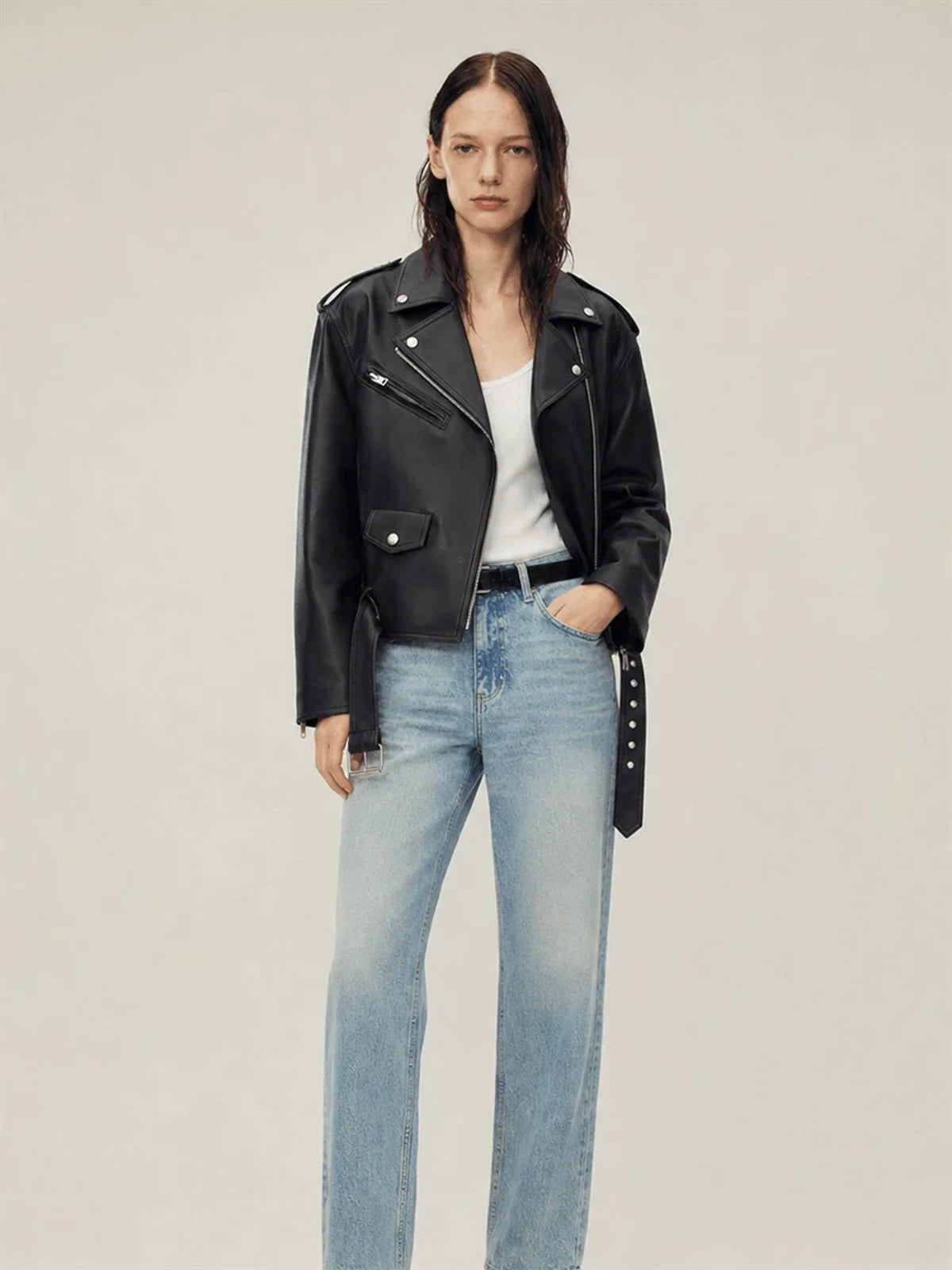 Murasaki River lambskin biker jacket - Black full model view
