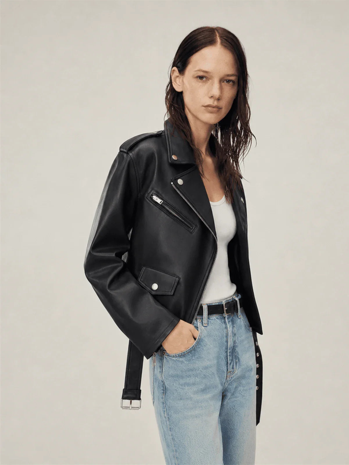 Murasaki River lambskin biker jacket - Black side model view