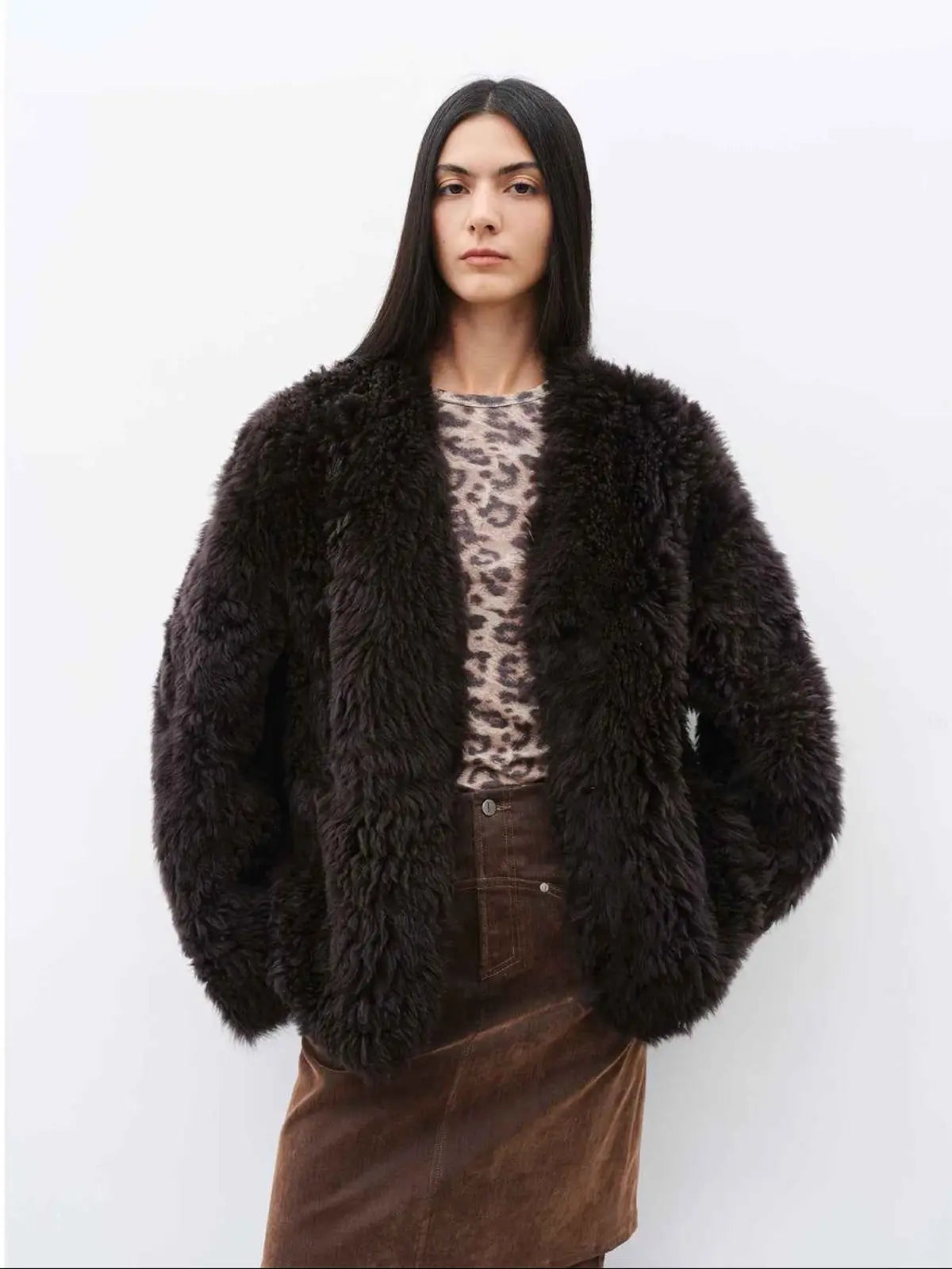 My Little Curly black Toscana shearling jacket side styling view