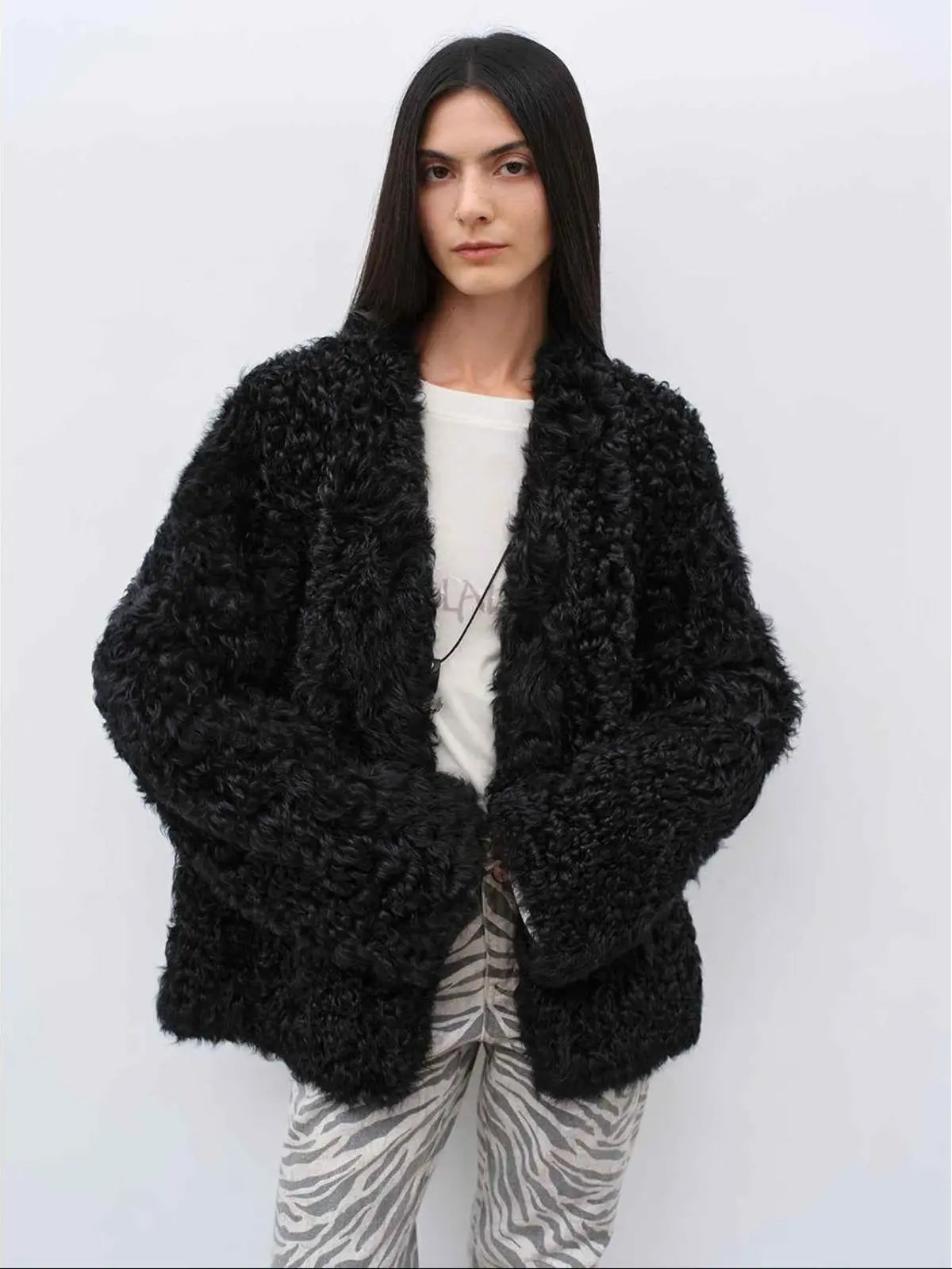 My Little Curly black Toscana shearling jacket texture detail