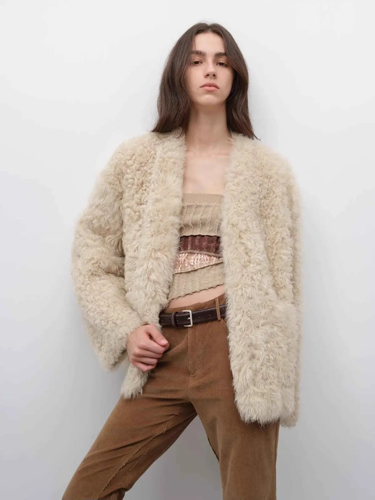 My Little Curly black Toscana shearling jacket styling detail