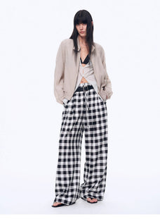 National Style Tencel Acetate Jacquard/Drape Linen Plaid Retro Casual Pants Spring"Plaid Accent" - variant_title
