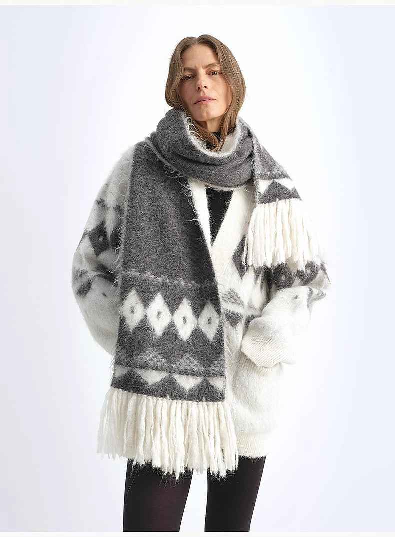 Nepal alpaca wool color clashing jacquard tassel scarf women winter warm shawl 190*27 - variant_title