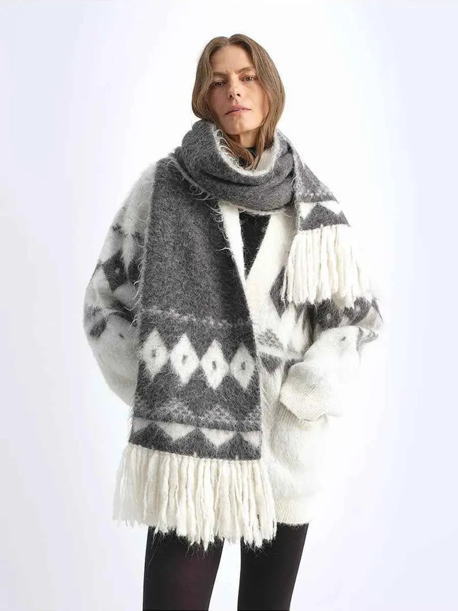 White alpaca wool jacquard tassel scarf styled on a woman - Fireladyfur