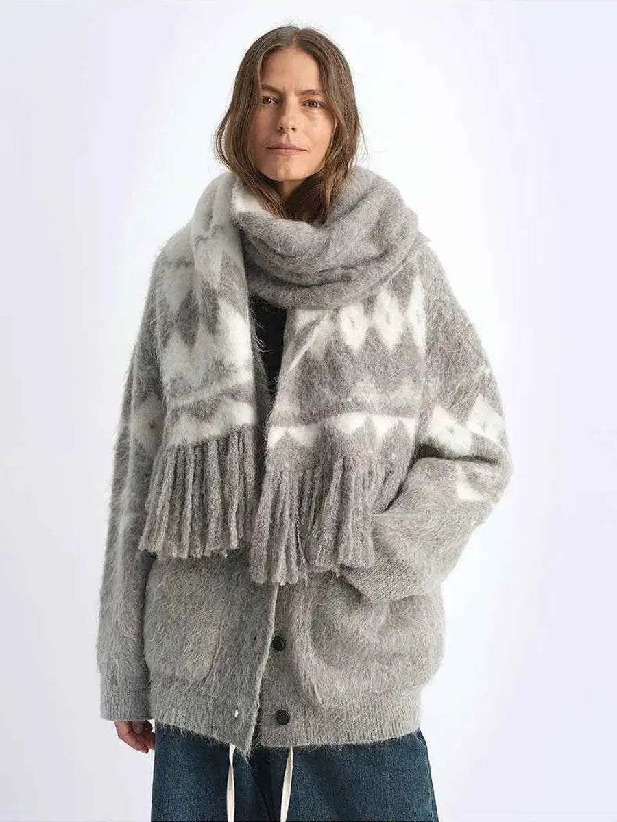 Light gray Nepal alpaca wool tassel scarf styled on a woman - Fireladyfur