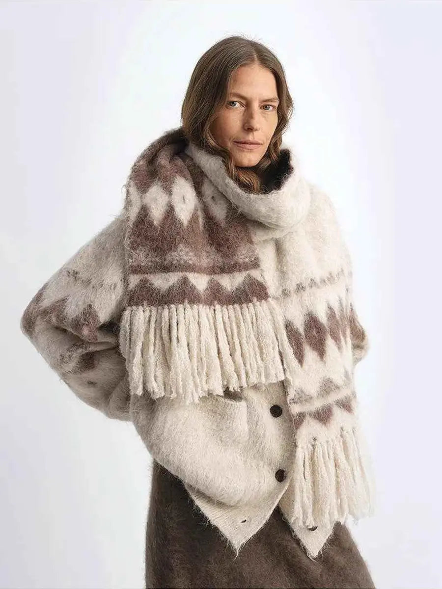 Gray Nepal alpaca wool tassel scarf worn by a woman - Fireladyfur