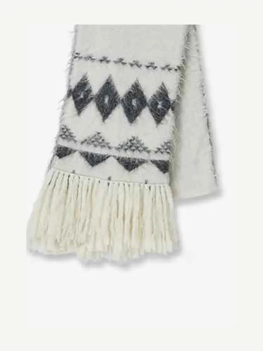 White Nepal alpaca wool jacquard tassel scarf product view - Fireladyfur