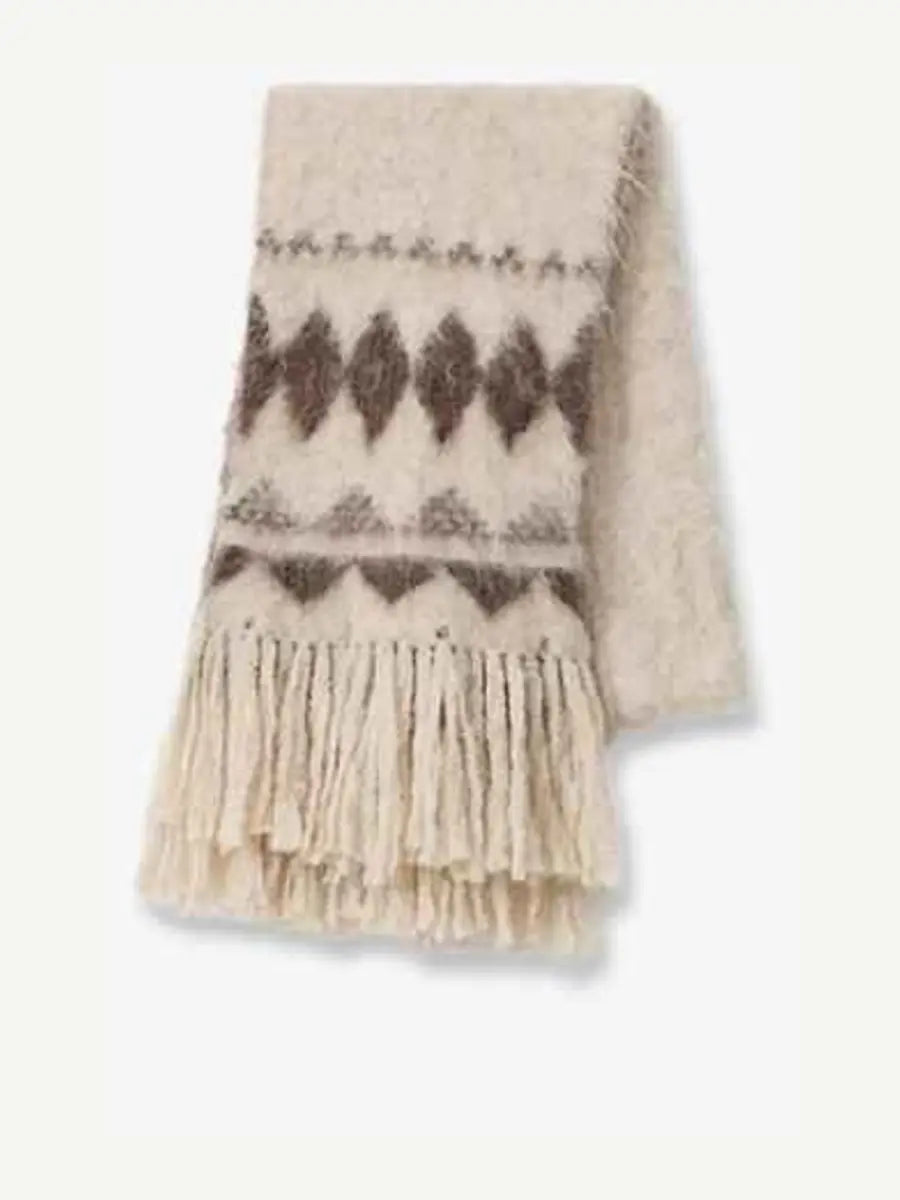Light gray Nepal alpaca wool jacquard tassel scarf product view - Fireladyfur