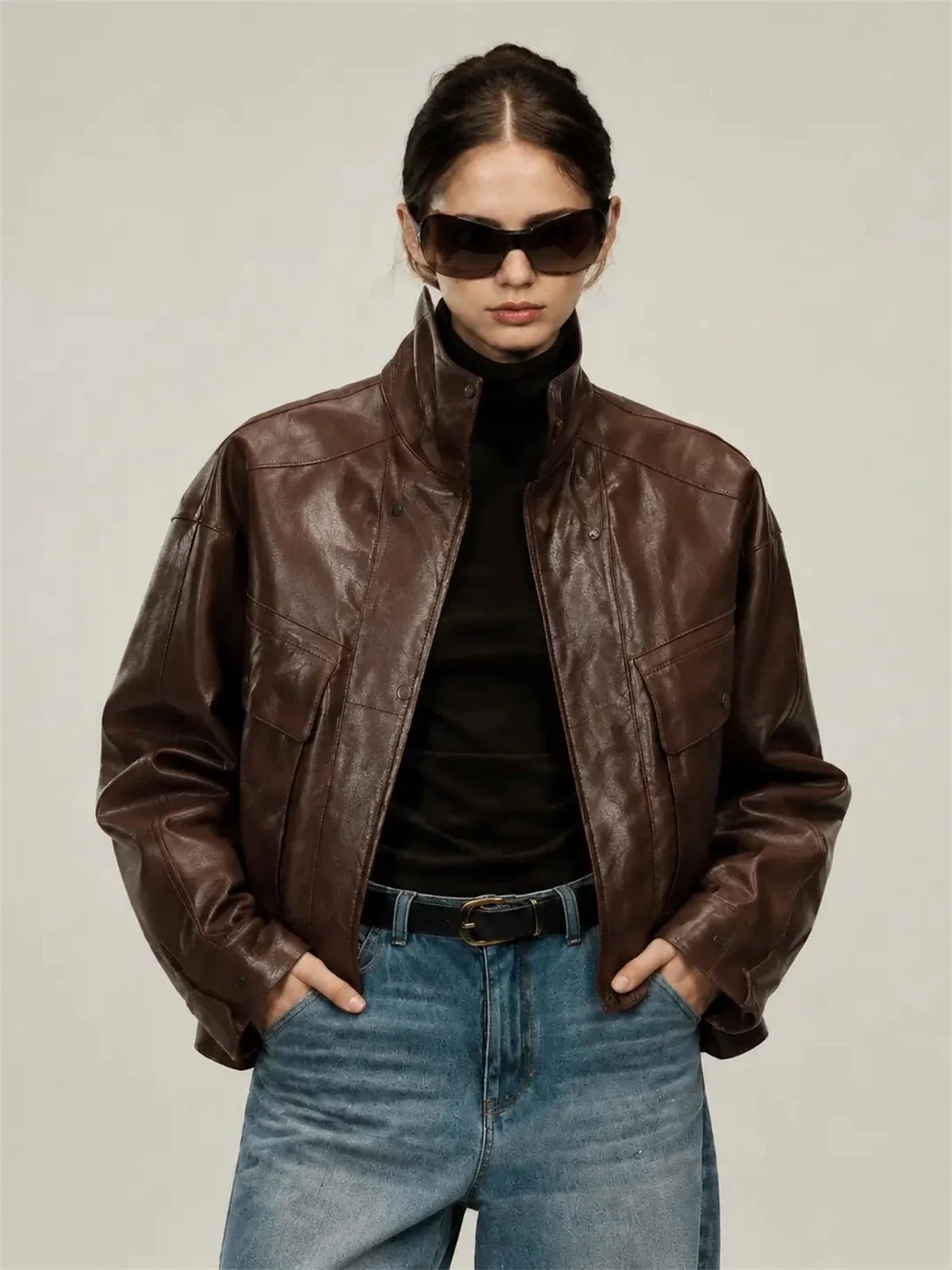 Firelady Fur Lambskin Leather Jacket - Vintage Vegetable-Tanned Funnel Neck New York Twilight