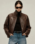 Firelady Fur Lambskin Leather Jacket - Vintage Vegetable-Tanned Funnel Neck New York Twilight