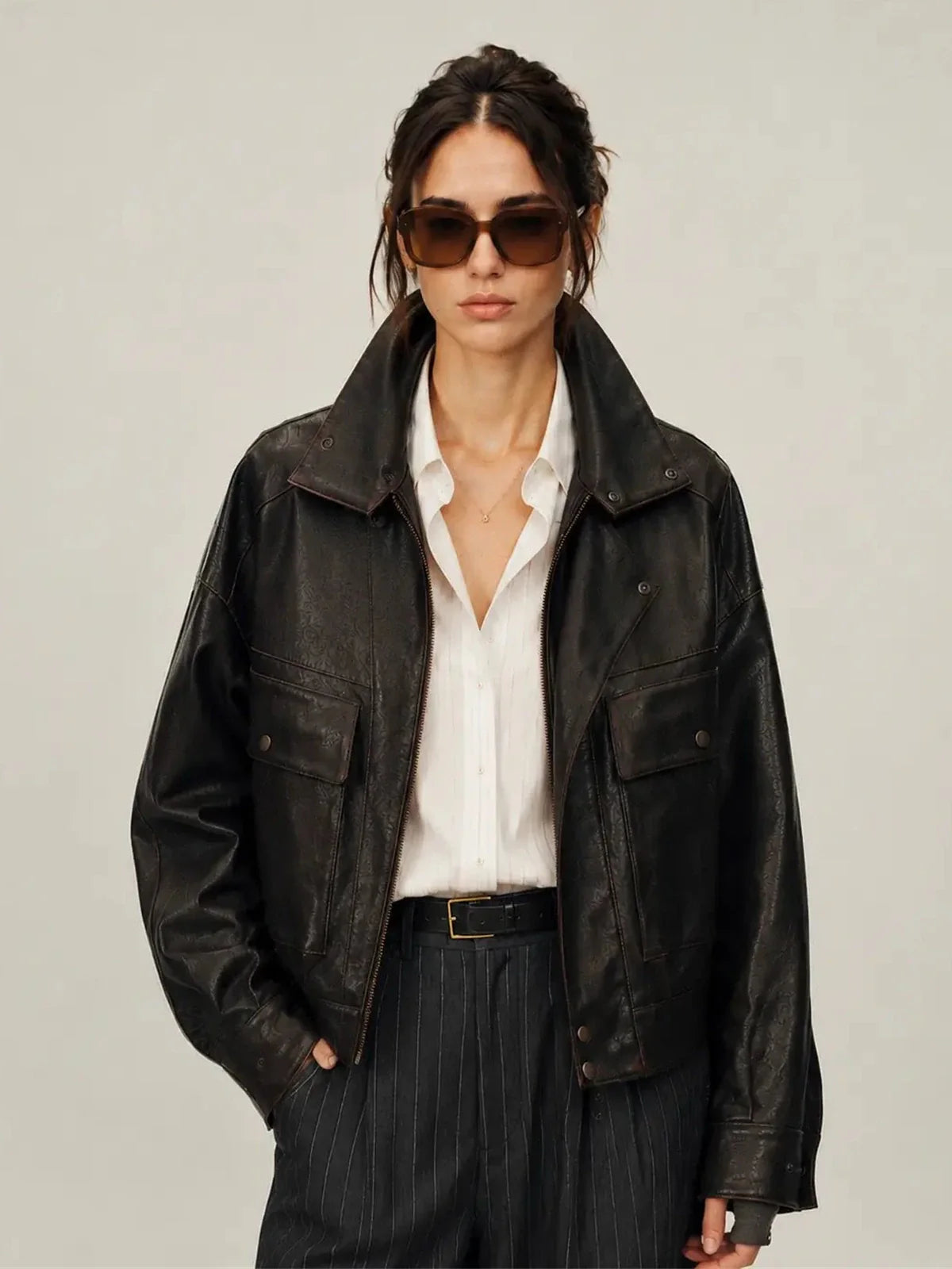Firelady Fur Lambskin Leather Jacket - Vintage Vegetable-Tanned Funnel Neck New York Twilight