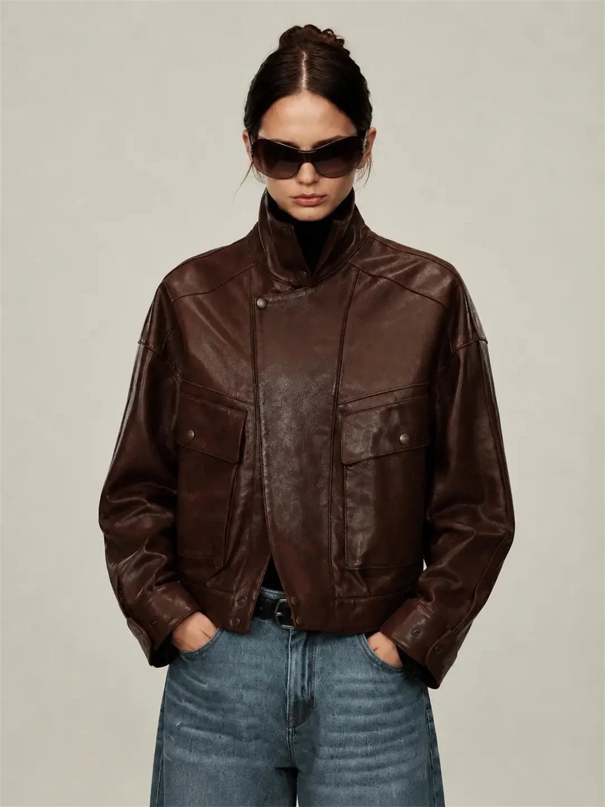 Firelady Fur Lambskin Leather Jacket - Vintage Vegetable-Tanned Funnel Neck New York Twilight
