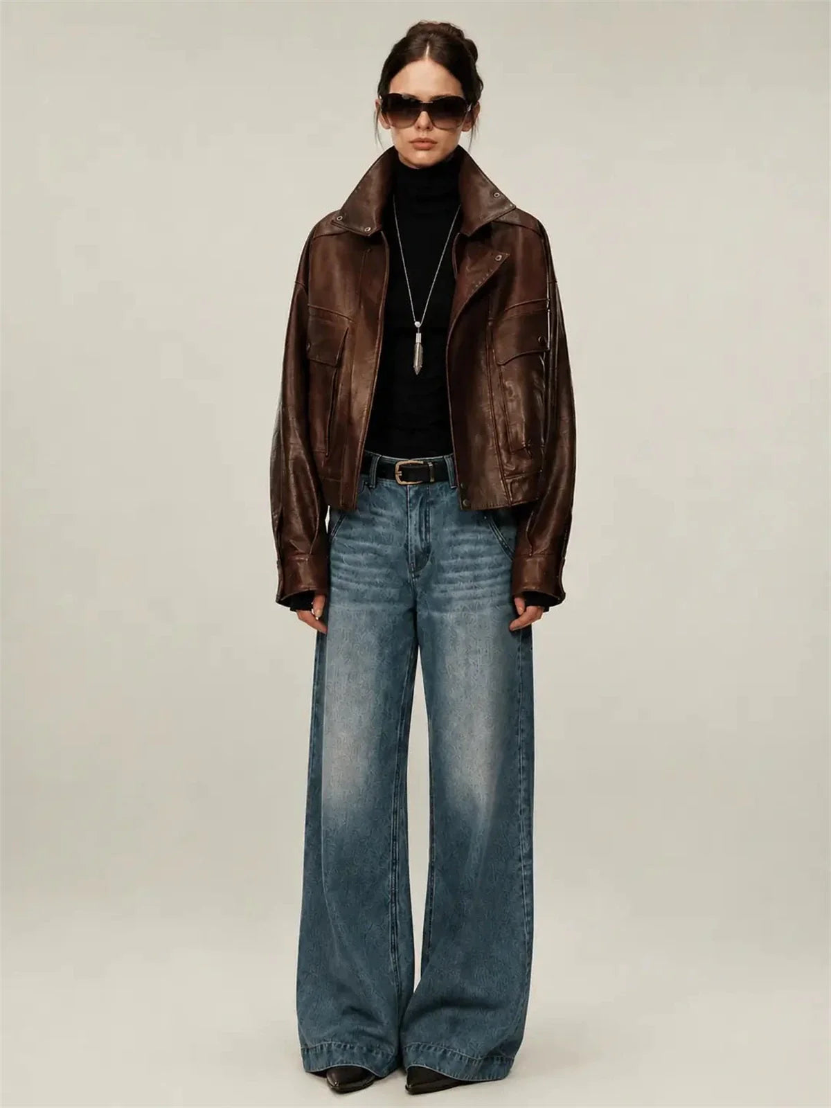 Firelady Fur Lambskin Leather Jacket - Vintage Vegetable-Tanned Funnel Neck New York Twilight