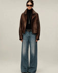 Firelady Fur Lambskin Leather Jacket - Vintage Vegetable-Tanned Funnel Neck New York Twilight