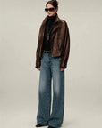 Firelady Fur Lambskin Leather Jacket - Vintage Vegetable-Tanned Funnel Neck New York Twilight