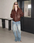 Firelady Fur Lambskin Leather Jacket - Vintage Vegetable-Tanned Funnel Neck New York Twilight