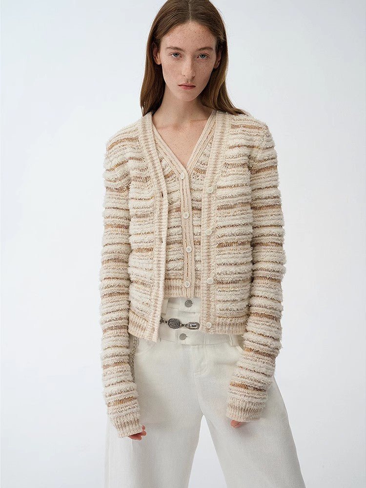 "Nice Weekend" striped mixed woven V - neck early spring layered knitted cardigan top/vest - variant_title