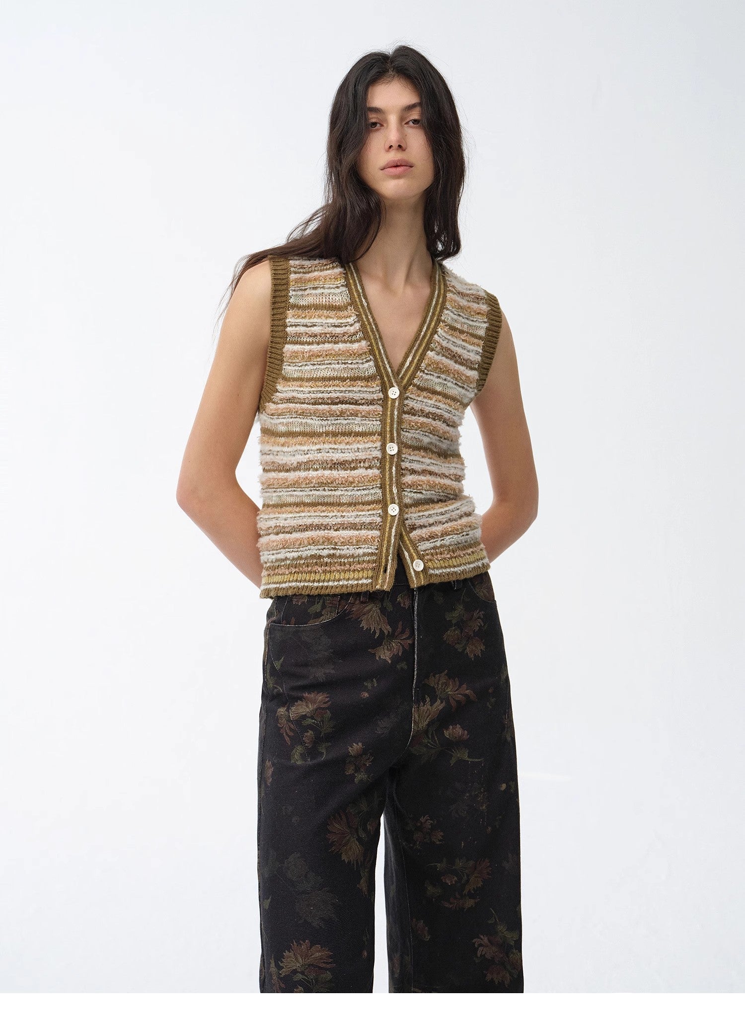 "Nice Weekend" striped mixed woven V - neck early spring layered knitted cardigan top/vest - variant_title