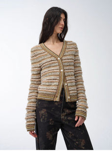 "Nice Weekend" striped mixed woven V - neck early spring layered knitted cardigan top/vest - variant_title
