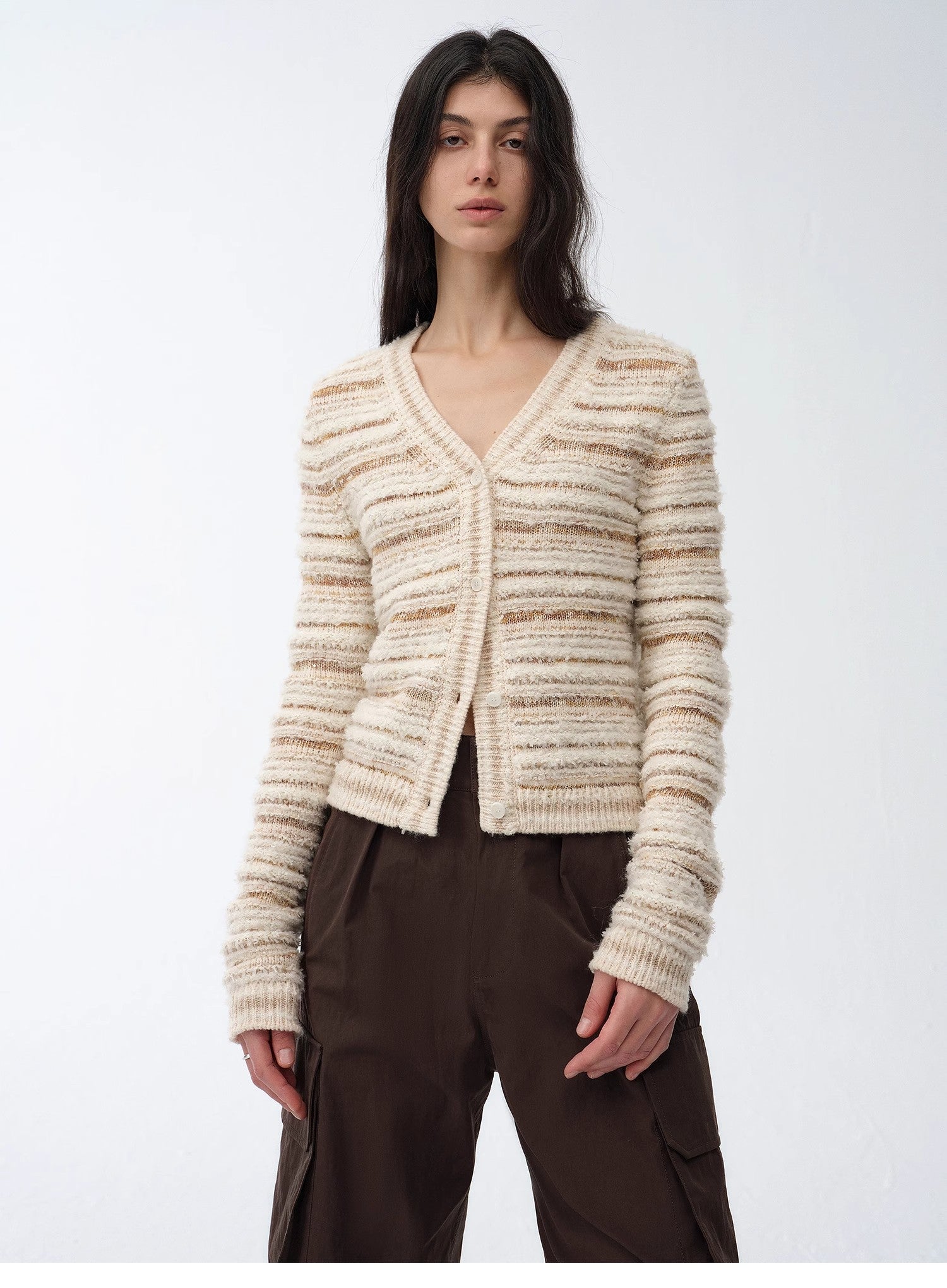 "Nice Weekend" striped mixed woven V - neck early spring layered knitted cardigan top/vest - variant_title