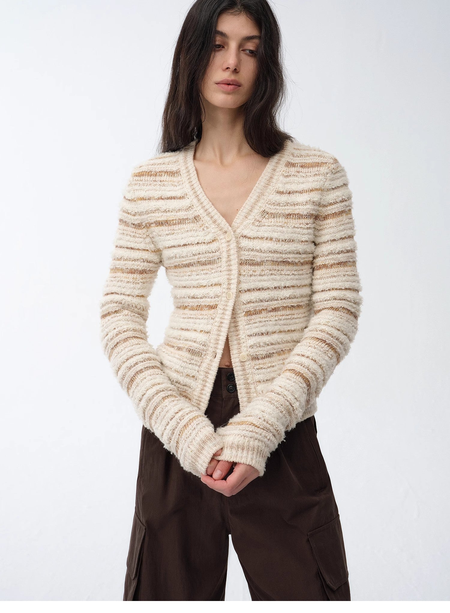 "Nice Weekend" striped mixed woven V - neck early spring layered knitted cardigan top/vest - variant_title
